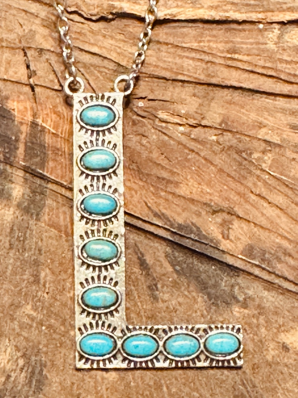 Silver-Tone Turquoise 'L' Pendant Necklace - Women Jewelry